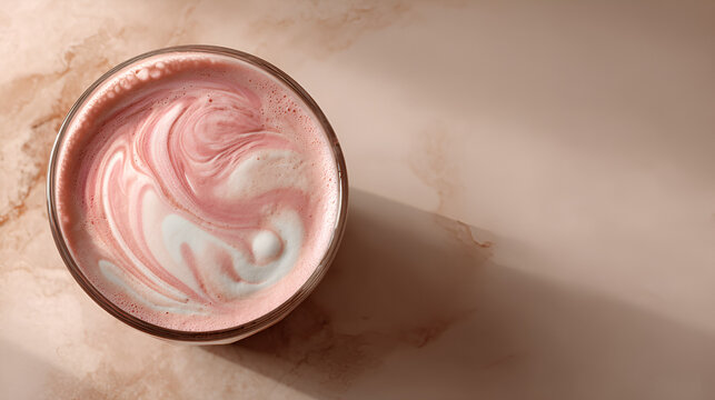 Top-down view of a pink beverage in a glass with a creamy swirl, set against a marble background.