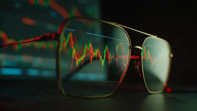 Reflections of financial markets on glasses depicting stock market trends and analysis