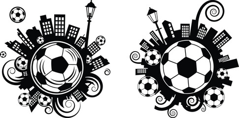Obraz premium Urban Soccer Cityscape with Footballs, Street Lamps, and Decorative Swirls Graphic