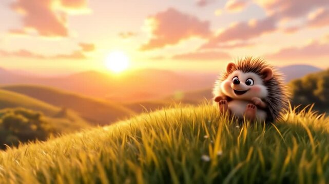 Adorable Hedgehog at Sunset in a Serene Hillside Meadow