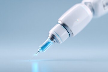 precision robotic arm delicately holds medical tool against smooth neutral background