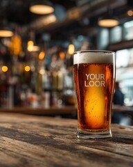 Customizable beer pint mockup on rustic wooden bar counter inside cozy pub with blurred warm lighting and industrial decor