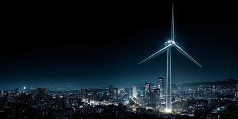 A Wind turbine stands tall, providing sustainable energy to the city, symbolizing progress and a commitment to the environment. The cityscape is illuminated at night.