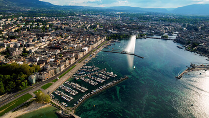 Panoramic aerial of the old town of the city Geneva in Switzerland on a sunny noon in summer