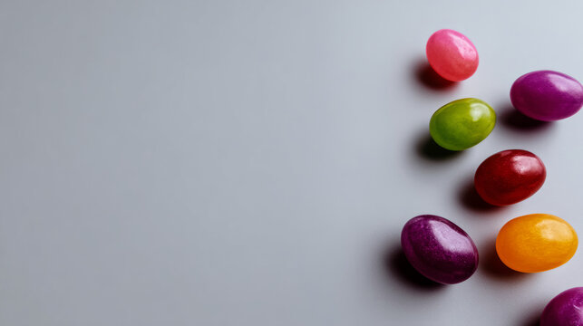 Minimalist setting with a few jelly beans scattered on a solid light background - Powered by Adobe