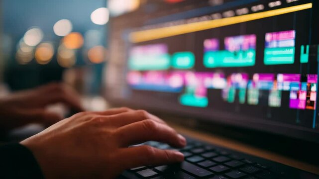 Close-up of hands working on a video editing software.
