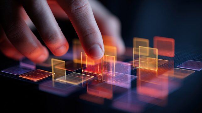 Close-up of hand interacting with illuminated interface blocks on futuristic touchscreen displaying vibrant UI elements in virtual space