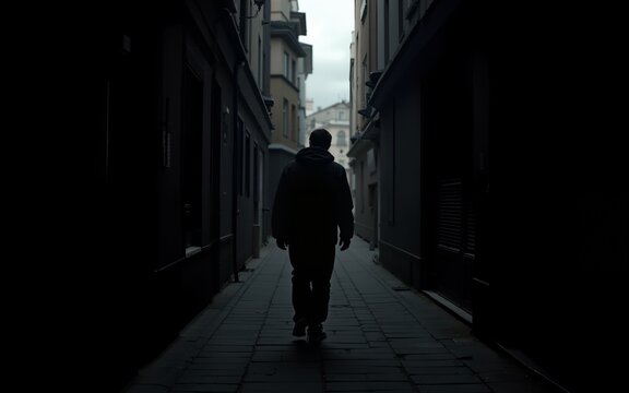 Dark silhouette of a man walking down a dimly lit urban alley, embodying themes of solitude and urban exploration. High quality - Powered by Adobe