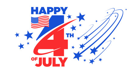 Happy 4th of July American Independence Day fireworks banner design, USA flag stars clipart isolated on white background. Modern minimalist flat blue red 4th of July fireworks logo vector
