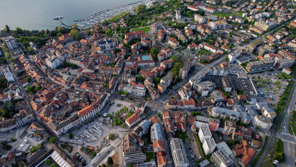 An Panoramic aerial of the old town of the city Thonon-les-Bains in France on a sunny day in summer