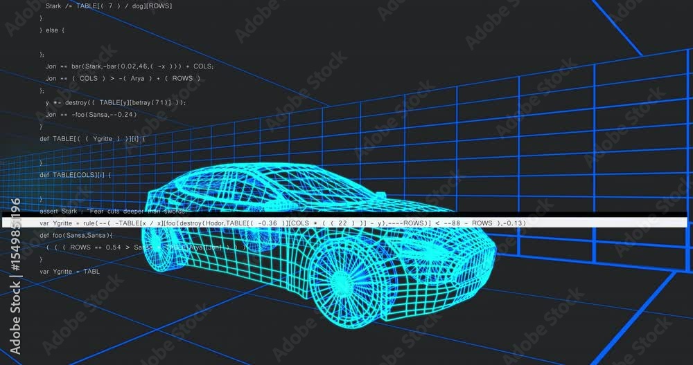 Poster glowing cyan wireframe sedan animating with scrolling code causing glitch bars showing debug flow