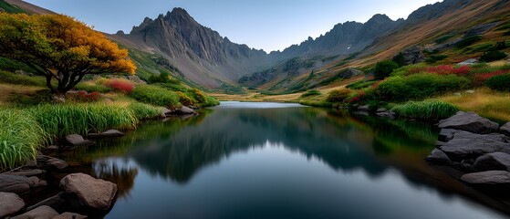 Obraz premium Serene Mountain Lake Reflection Autumnal Colors Rocky Peaks Tranquil Nature Scene