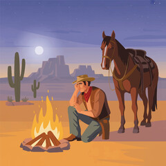 Cowboy Sitting by Campfire Under Starry Night – Flat Desert Landscape Vector

