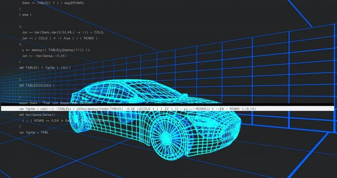 Glowing cyan wireframe sedan animating with scrolling code causing glitch bars showing debug flow