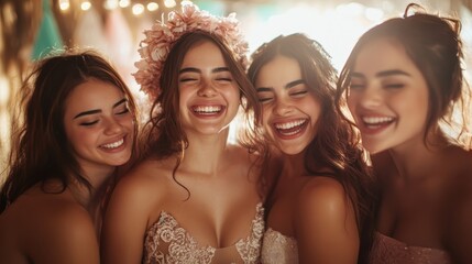 Four young women are joyfully celebrating together, their bright smiles radiating happiness, creating a vibrant atmosphere filled with laughter and friendship.