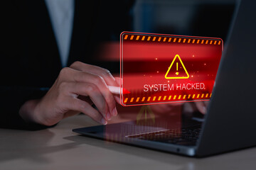 System hacked alert after cyber attack on computer network. compromised information concept....
