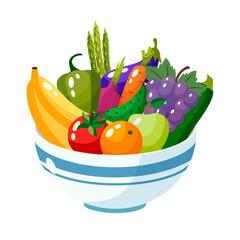 Bowl full of vegetables and fruits vector illustration.