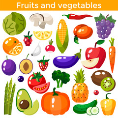 Set of fresh healthy vegetables, fruits and berries isolated. Slices of fruits and vegetables. Flat design. Organic farm illustration.