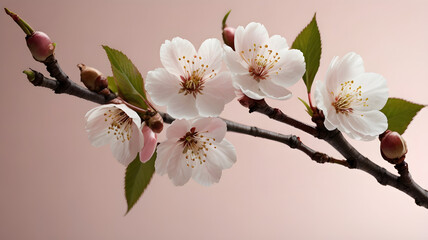Cherry Blossom Branch with Pink Flowers and Green Leaves on Soft Background
