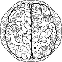Brain image in zentangle style on mandala for coloring