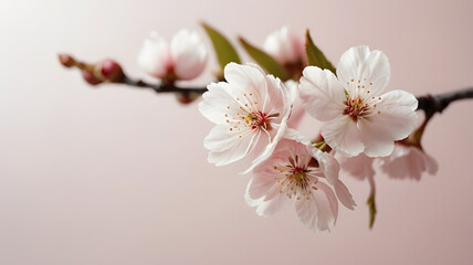 Cherry Blossom Branch with Pink Flowers and Green Leaves on Soft Background