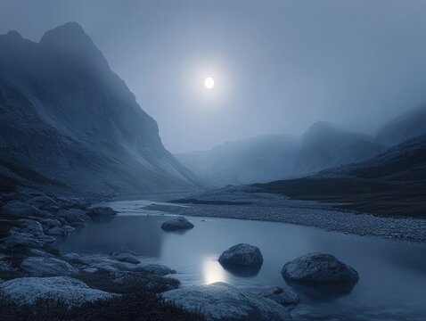 Misty mountain valley at night with a full moon