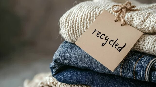 Sustainable fashion focus: stacked recycled apparel with ecofriendly tag