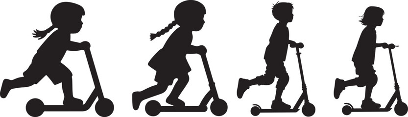 Silhouette of Children Riding Scooters