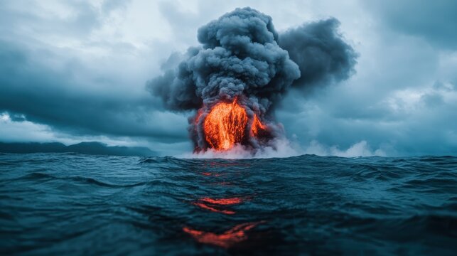 A stunning volcanic eruption sends molten lava and ash into the sky, creating a dramatic contrast against the ocean's surface beneath dark clouds and rising smoke.