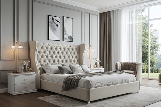 Elegant sofa-style wingback headboard bed frame with silver rhinestones, beige velvet fabric, and white wood frame in bedroom