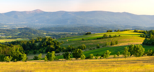 panoramic view in Karkonosze mountains during summer sunset in Lower Silesia in Poland