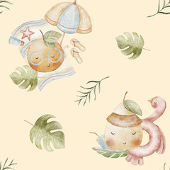 Watercolor pattern funny fruits tangerine pear on beach flamingo tropical leaves. Seamless children's print. Illustrations hand drawn yellow background textiles, fabrics, packaging, clothes, cards