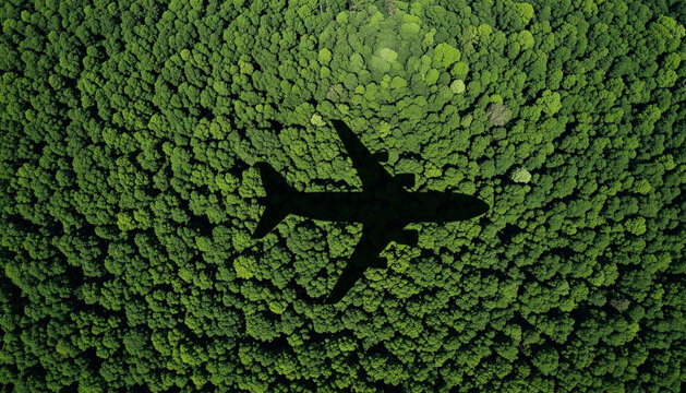 A Shadow airplane flying above green mangrove forest. Sustainable fuel. Use biofuel in aviation for sustainable transportation. Reduction carbon emissions. Eco-friendly flight. Aviation sustainability