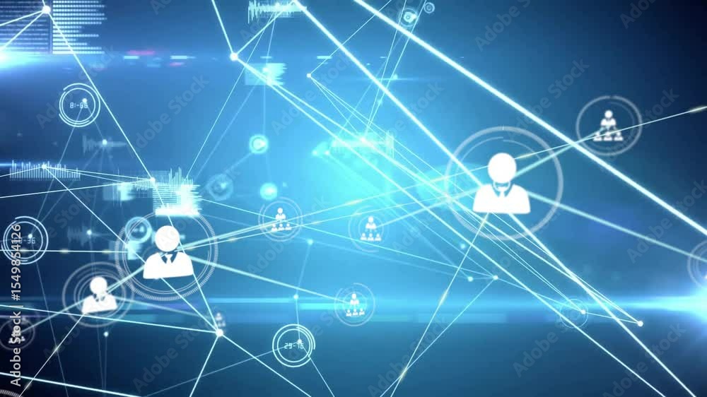 Poster on panel pop-up data network expanding with glowing nodes, avatars and charts showing connectivity