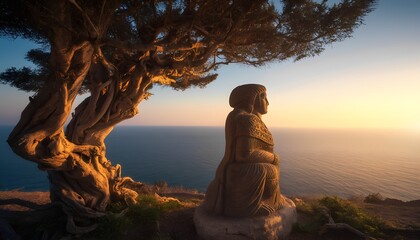 Serene stone statue overlooking ocean at sunset under majestic tree