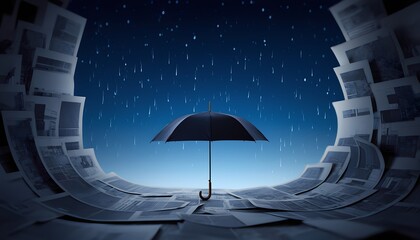 Umbrella shelters newspapers from rainfall in artistic evening scene