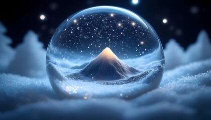 Snowy mountain enclosed in glass sphere at night with falling snowflakes