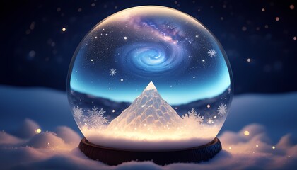 Snow globe with mountain and galaxy under starry night sky