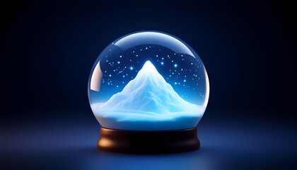 Illuminated snow globe with mountain and starry night on dark background