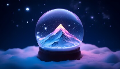 Magical snow globe with mountain and stars in night sky