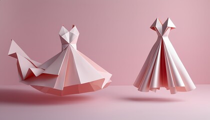 Elegant origami paper dresses against soft pink background display