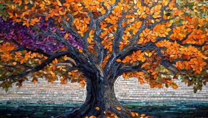 Vibrant mosaic tree with colorful autumn leaves and strong branches in artwork