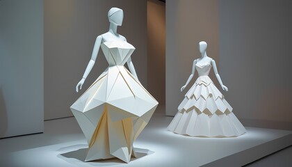 Elegant mannequins display futuristic origami-inspired white dresses in minimalist setting
