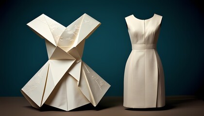 Elegant origami-inspired dress and classic white dress displayed indoors
