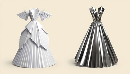 Elegant origami-inspired dresses in white and metallic silver displayed indoors