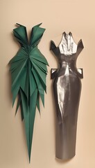 Avant-garde origami-inspired green and metallic dresses on neutral background