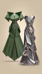 Elegant origami dresses: green paper design and silver fabric gown display