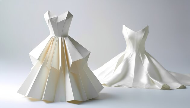 Elegant white origami dresses displaying artistic fashion design