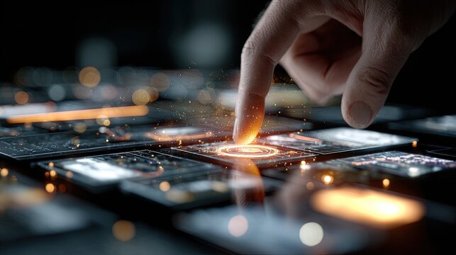 Futuristic touchscreen interface interaction showing digital control panels, cybersecurity systems, and advanced technology at user’s fingertip