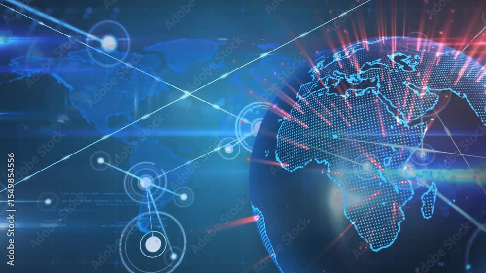 Poster soft flare initiating holographic globe rotating, projecting nodes and visualizing data links